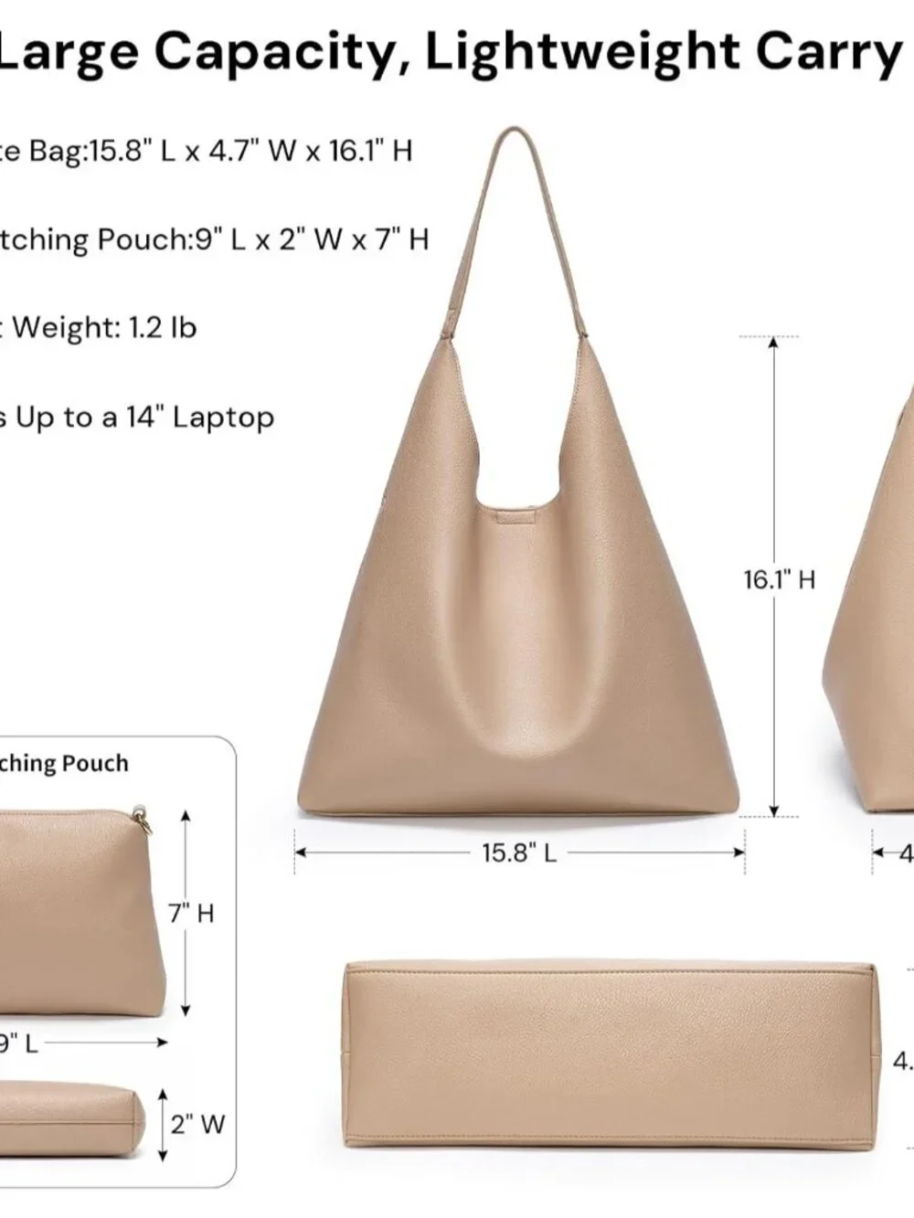 Hobo Bags for Women 2 Pcs Set, Large Soft Vegan Leather Slouchy Tote Bag | Faux